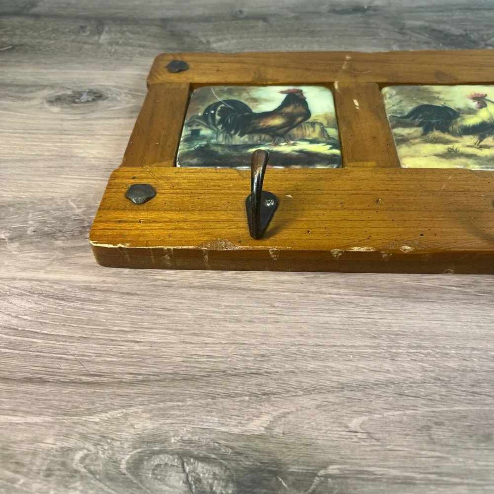Rooster Wall Rack Wood Ceramic Tile 3 Hook Key Holder Brown Farmhouse Rustic